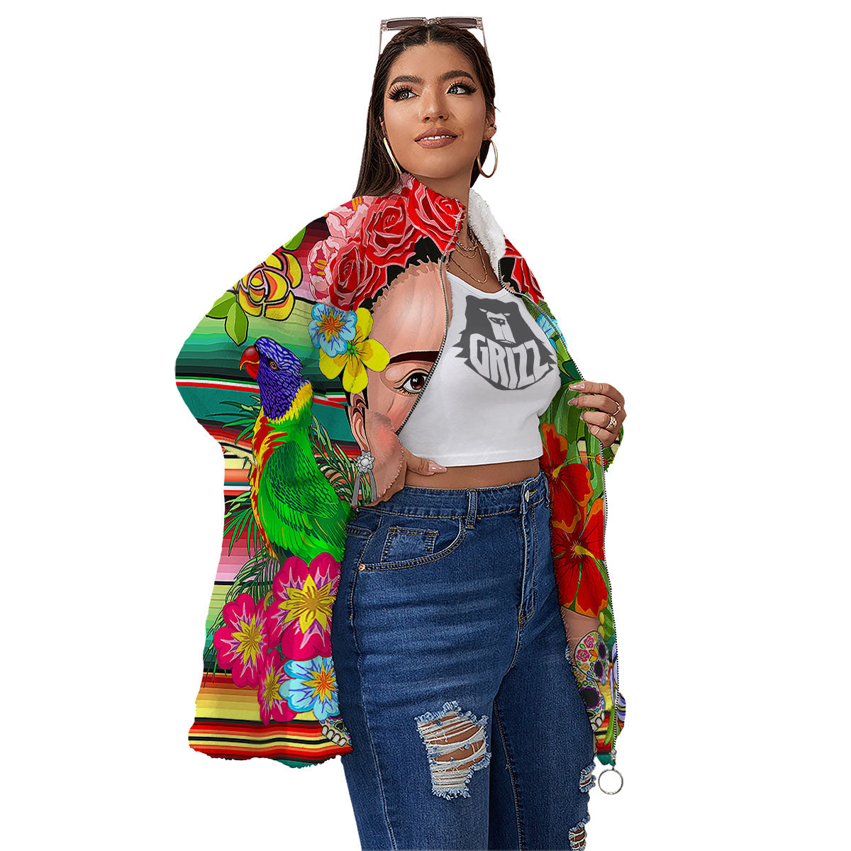 Serape Frida Kahlo Print Women's Sherpa Jacket-grizzshop