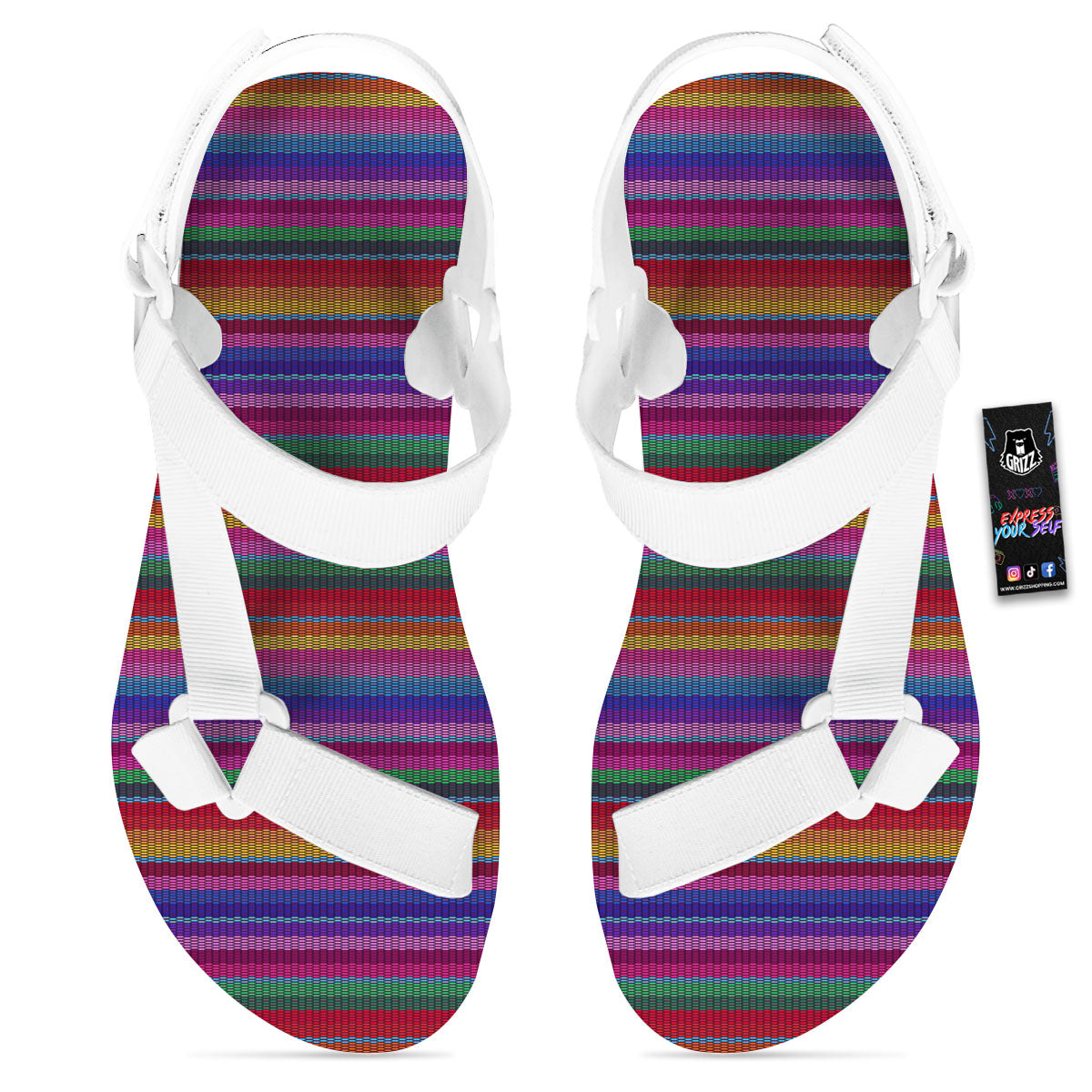 Serape Mexican Colorful Print Pattern White Open Toe Sandals-grizzshop
