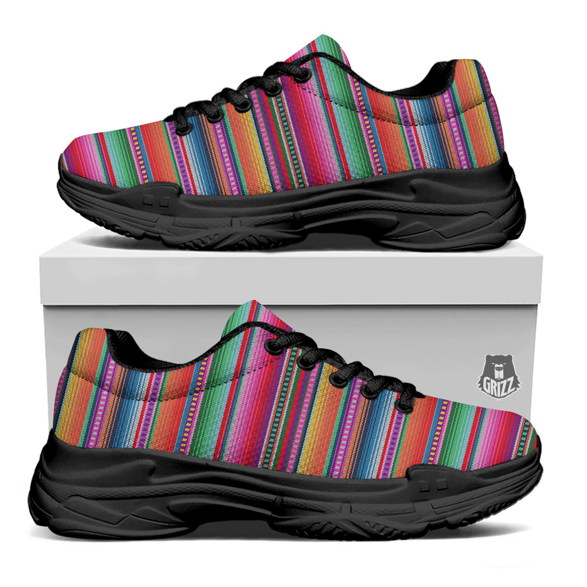 Serape Stripe Colorful Mexican Print Black Chunky Shoes-grizzshop