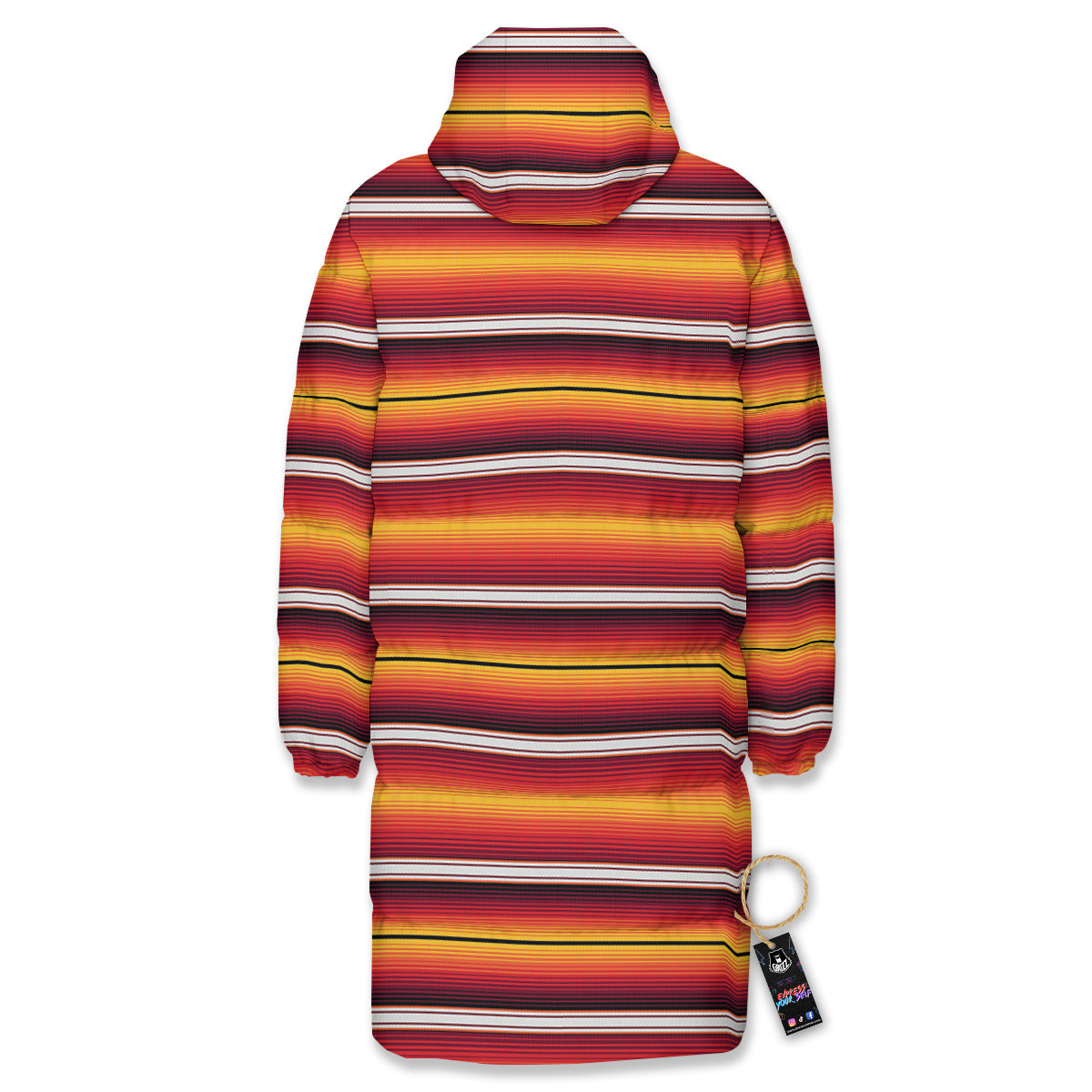 Serape Ethnic Boho Stripes Mexican Black Orange Print Long Down Jacket