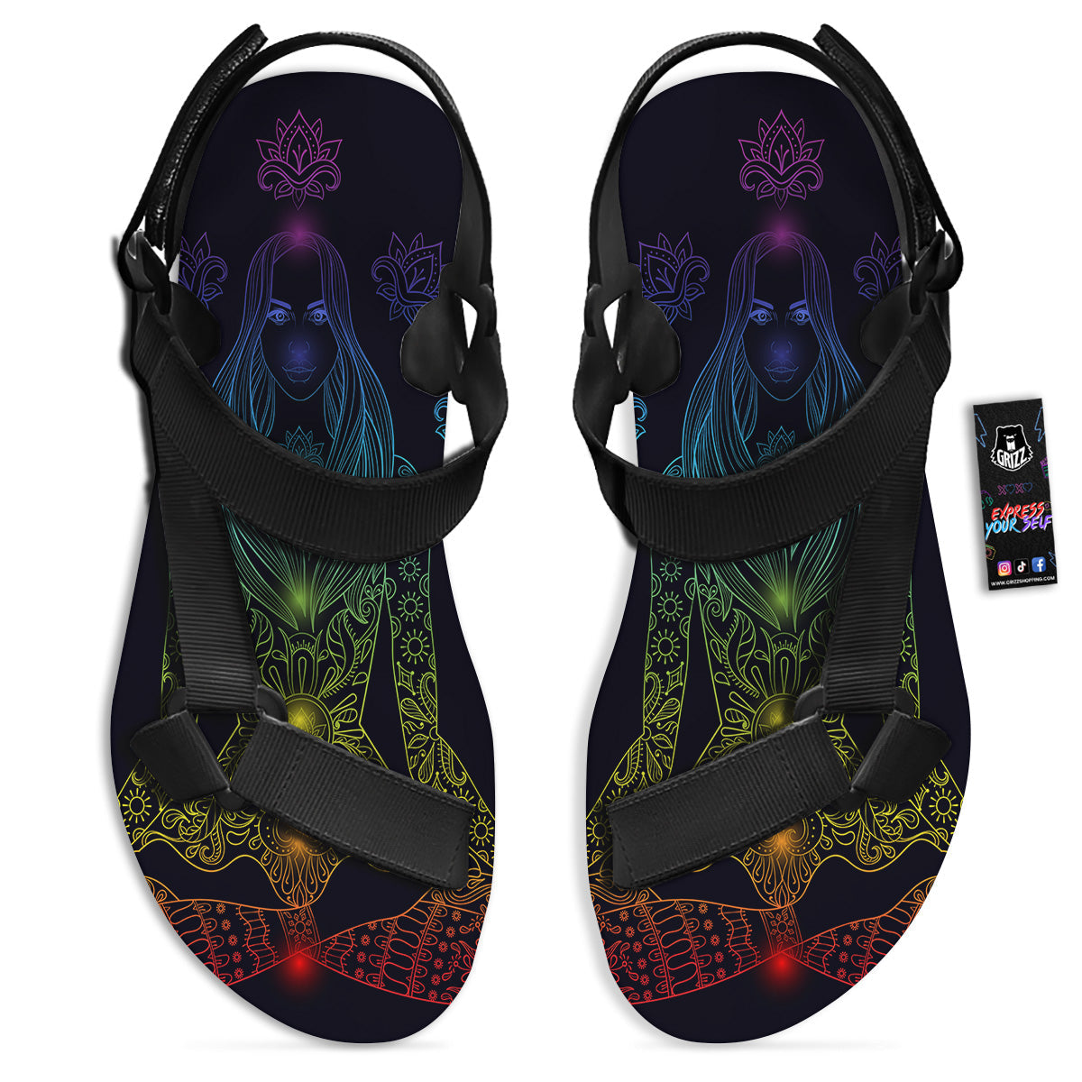 Seven Chakras Bohemian Print Black Open Toe Sandals-grizzshop
