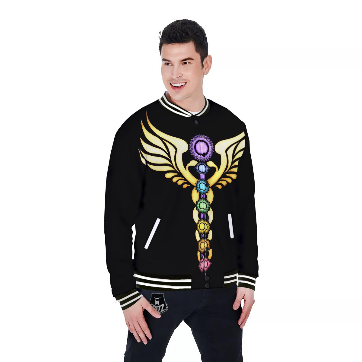 Seven Chakras Caduceus Print Baseball Jacket-grizzshop
