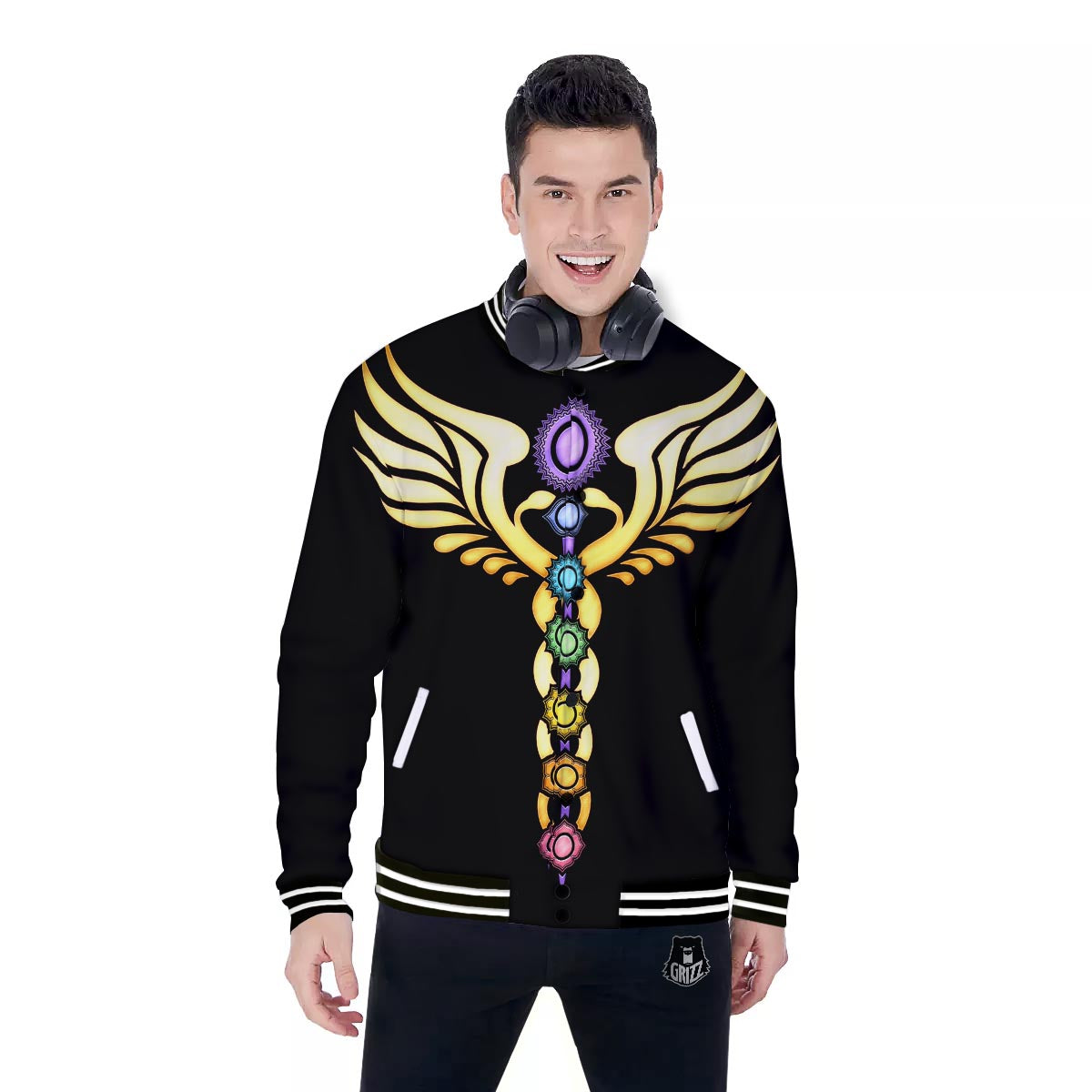 Seven Chakras Caduceus Print Baseball Jacket-grizzshop