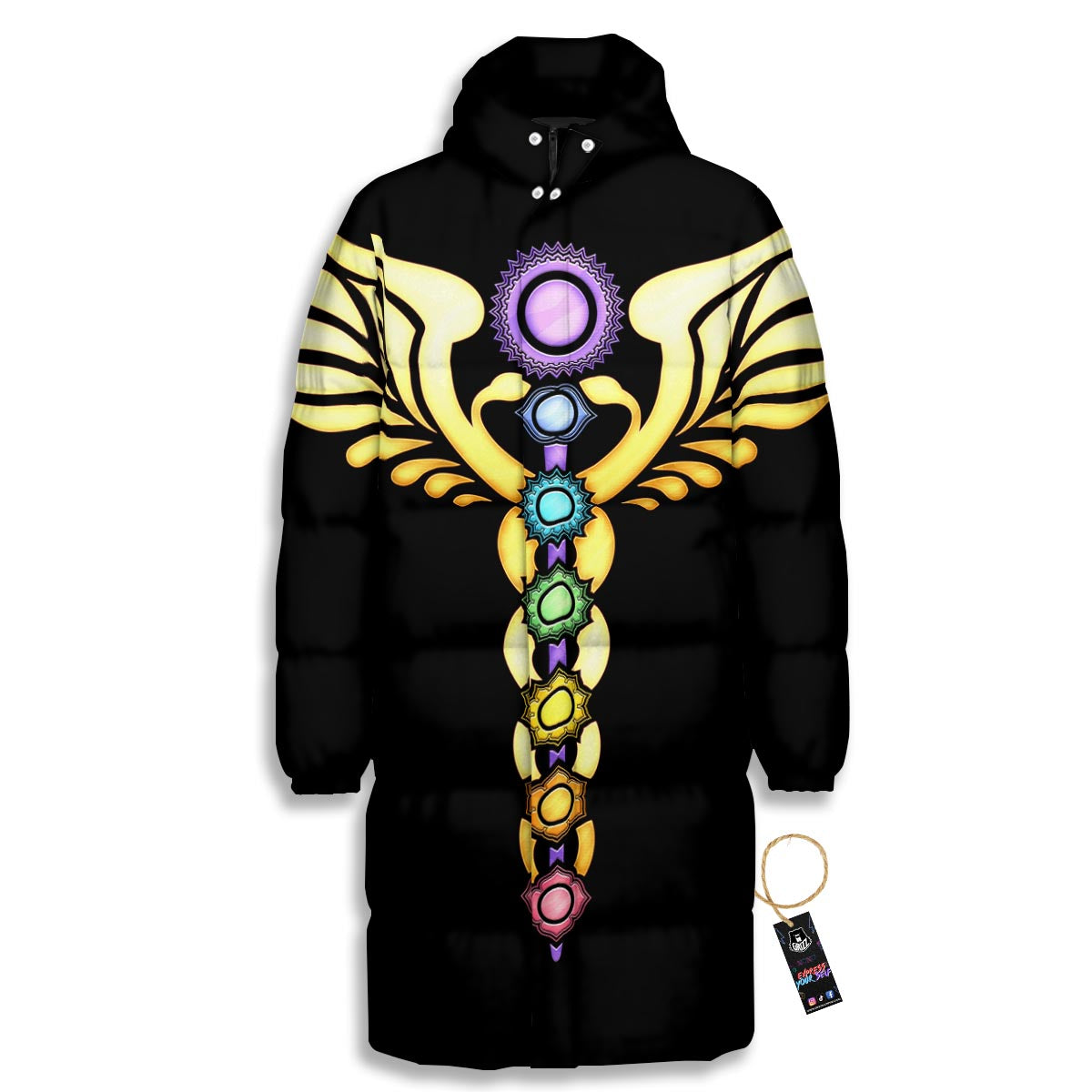 Seven Chakras Caduceus Print Long Down Jacket-grizzshop