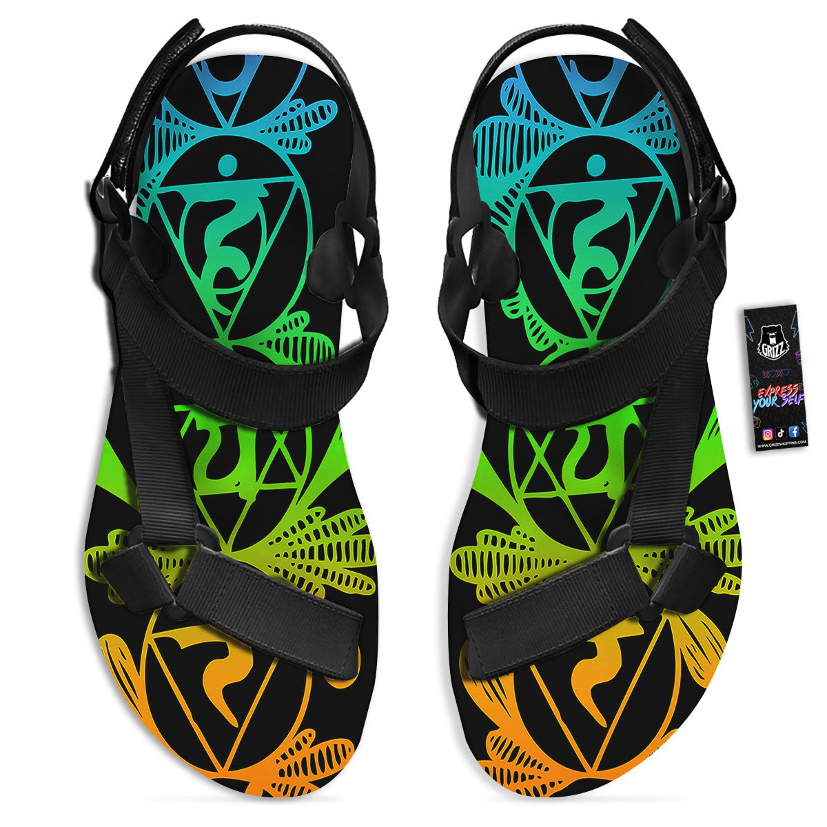 Seven Chakras Spiritual Print Black Open Toe Sandals-grizzshop
