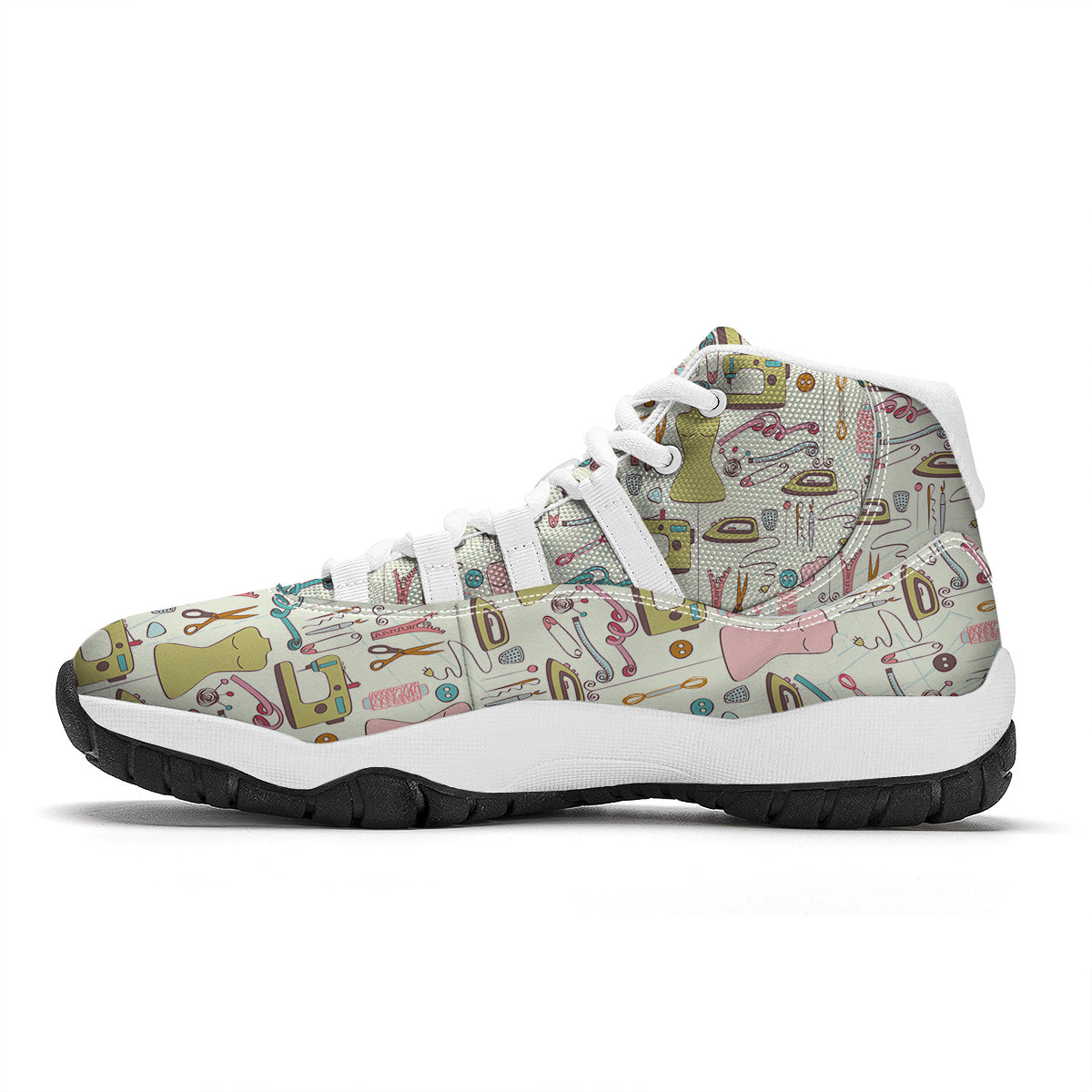 Sewing Print Pattern White Bball Shoes-grizzshop