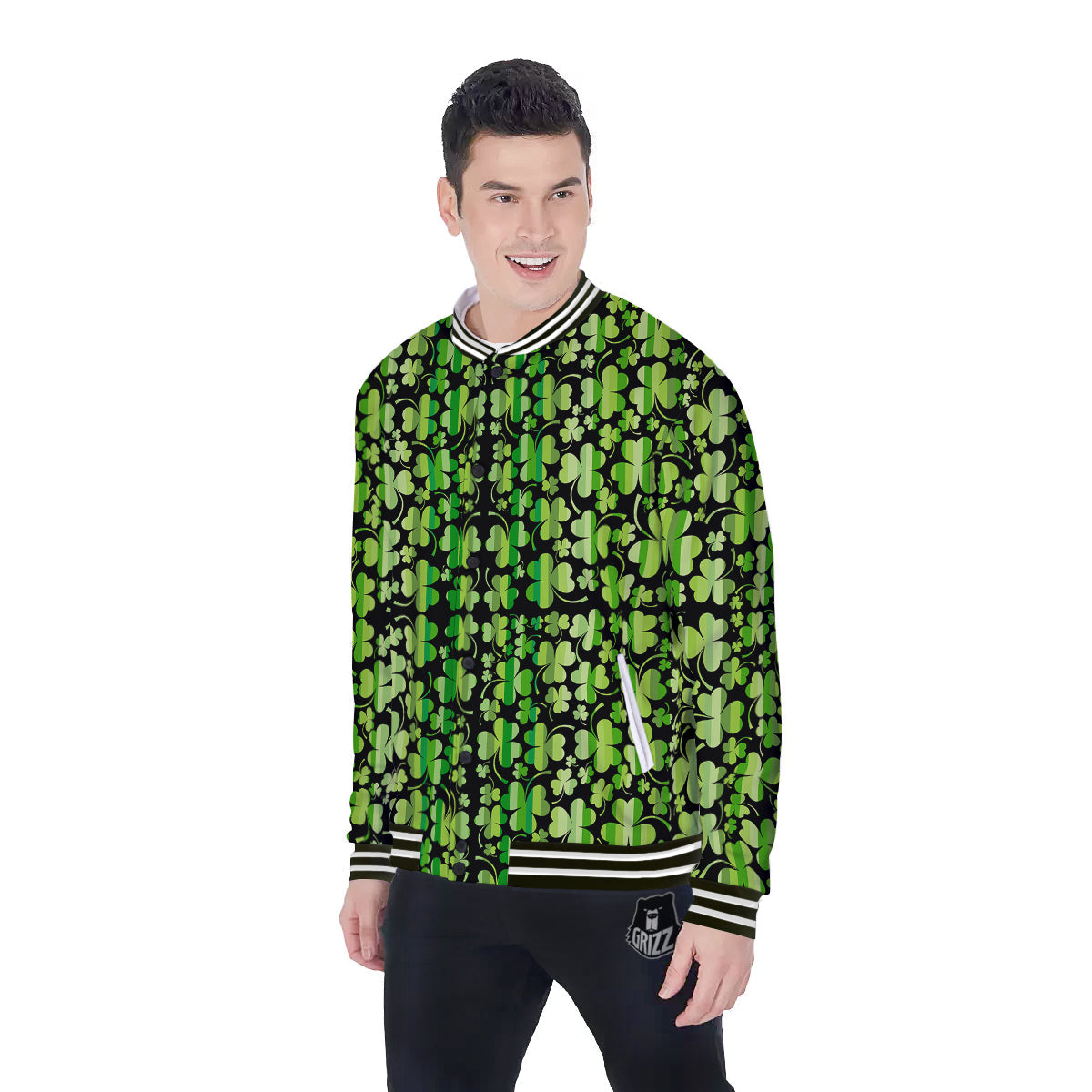 Shamrock Green And Black Print Pattern Baseball Jacket-grizzshop