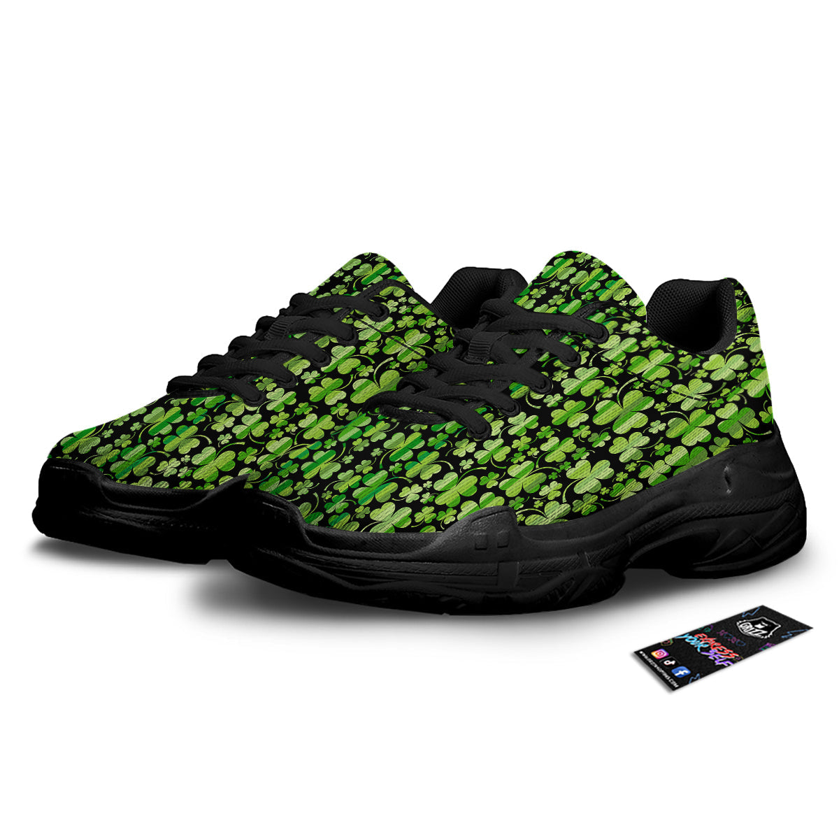 Shamrock Green And Black Print Pattern Black Chunky Shoes-grizzshop