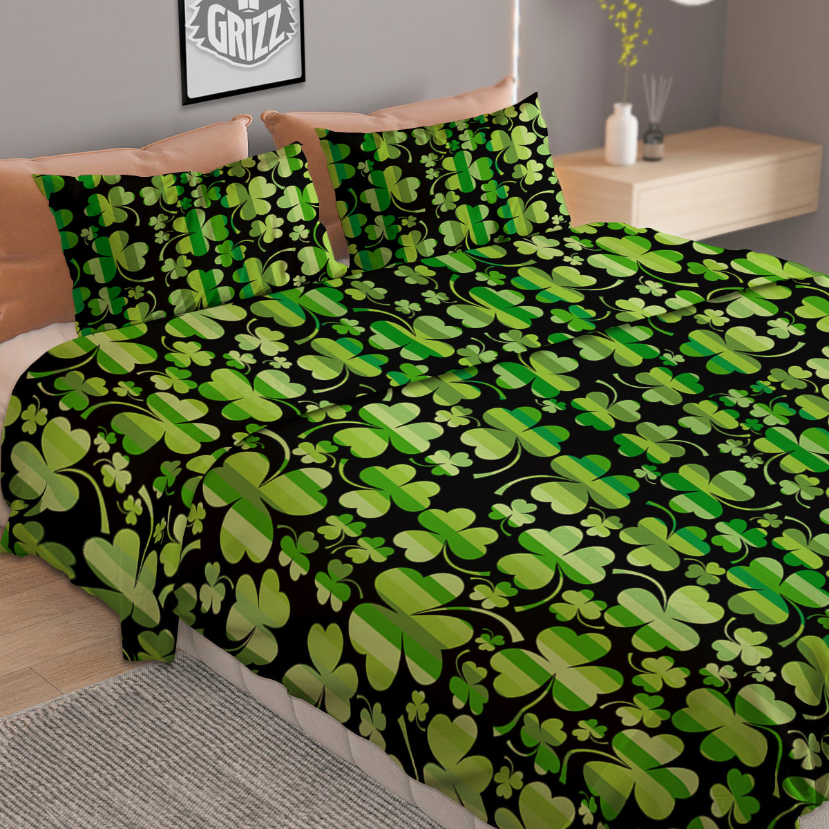 Shamrock Green And Black Print Pattern Duvet Cover Bedding Set
