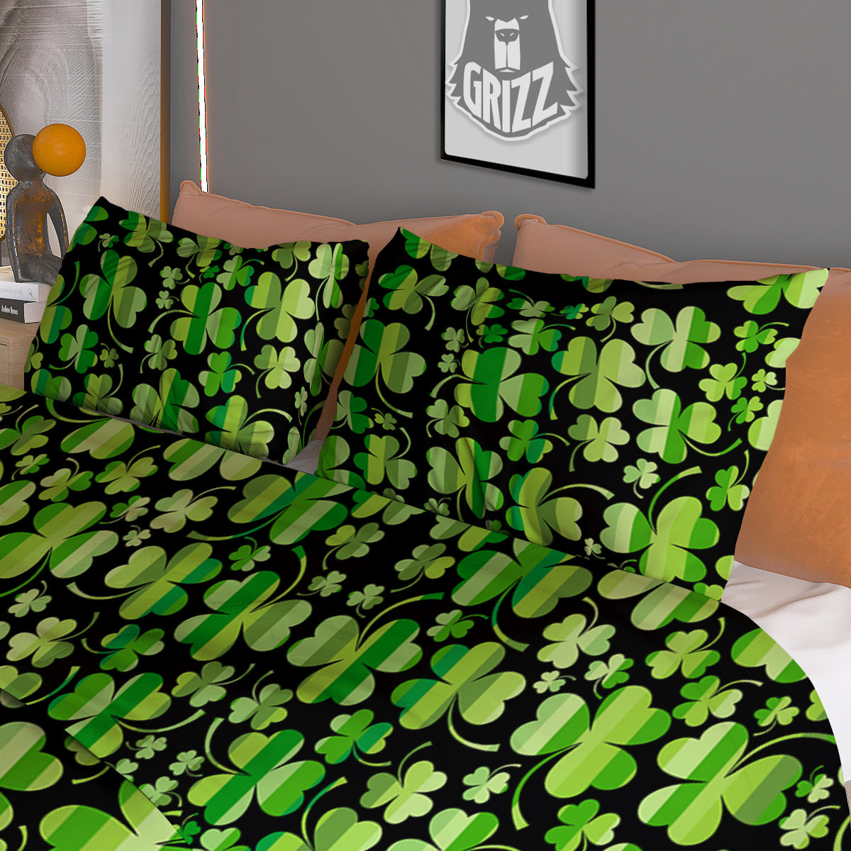 Shamrock Green And Black Print Pattern Duvet Cover Bedding Set
