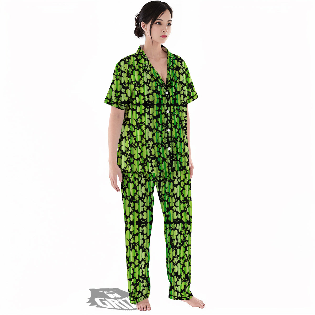 Shamrock Green And Black Print Pattern Women's Pajamas Set-grizzshop