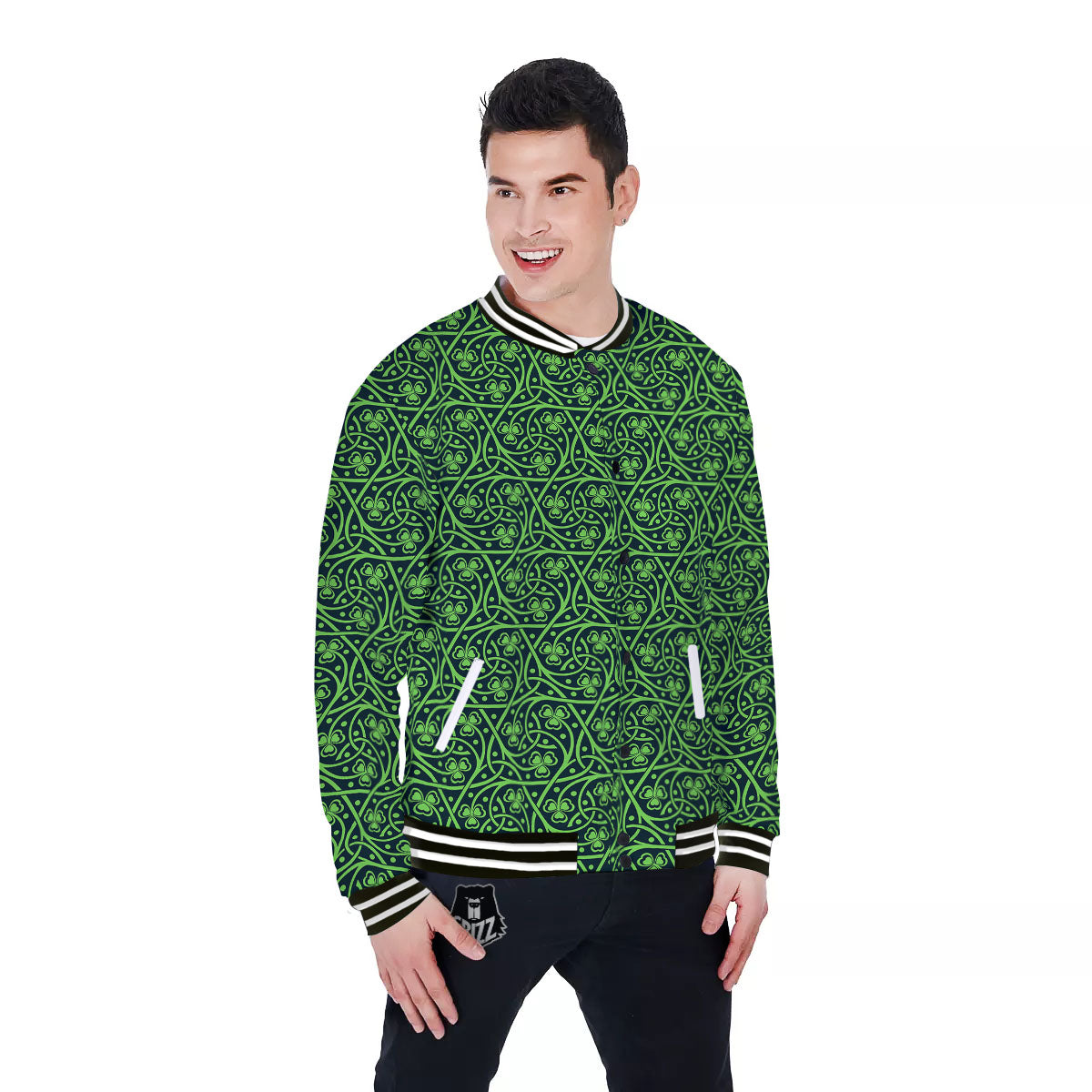 Shamrock Irish Print Pattern Baseball Jacket-grizzshop