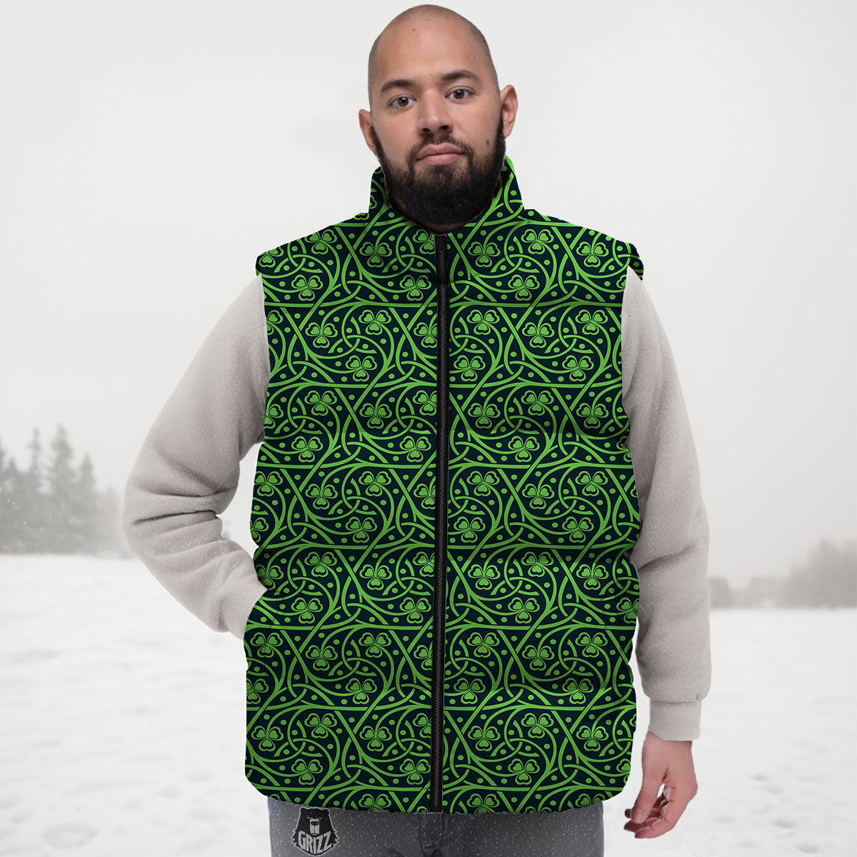 Shamrock Irish Print Pattern Down Vest-grizzshop