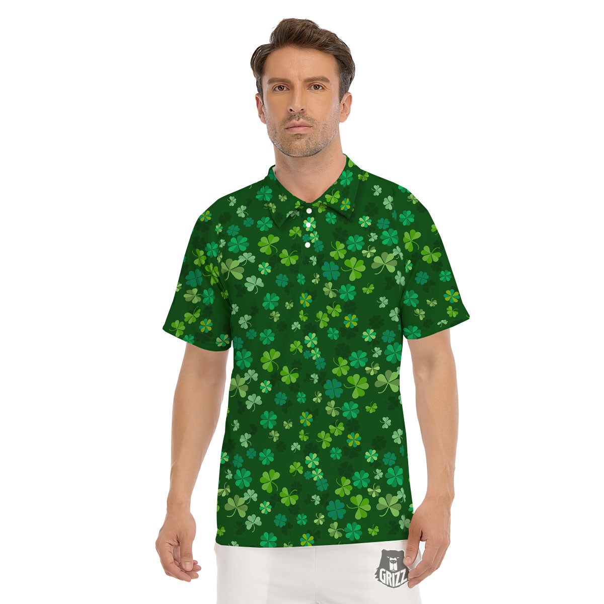 Shamrock Leaf Green Print Pattern Men's Golf Shirts-grizzshop