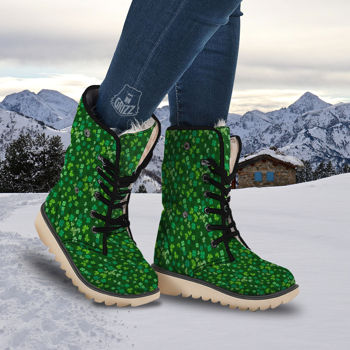 Shamrock Leaf Green Print Pattern Snow Boots-grizzshop