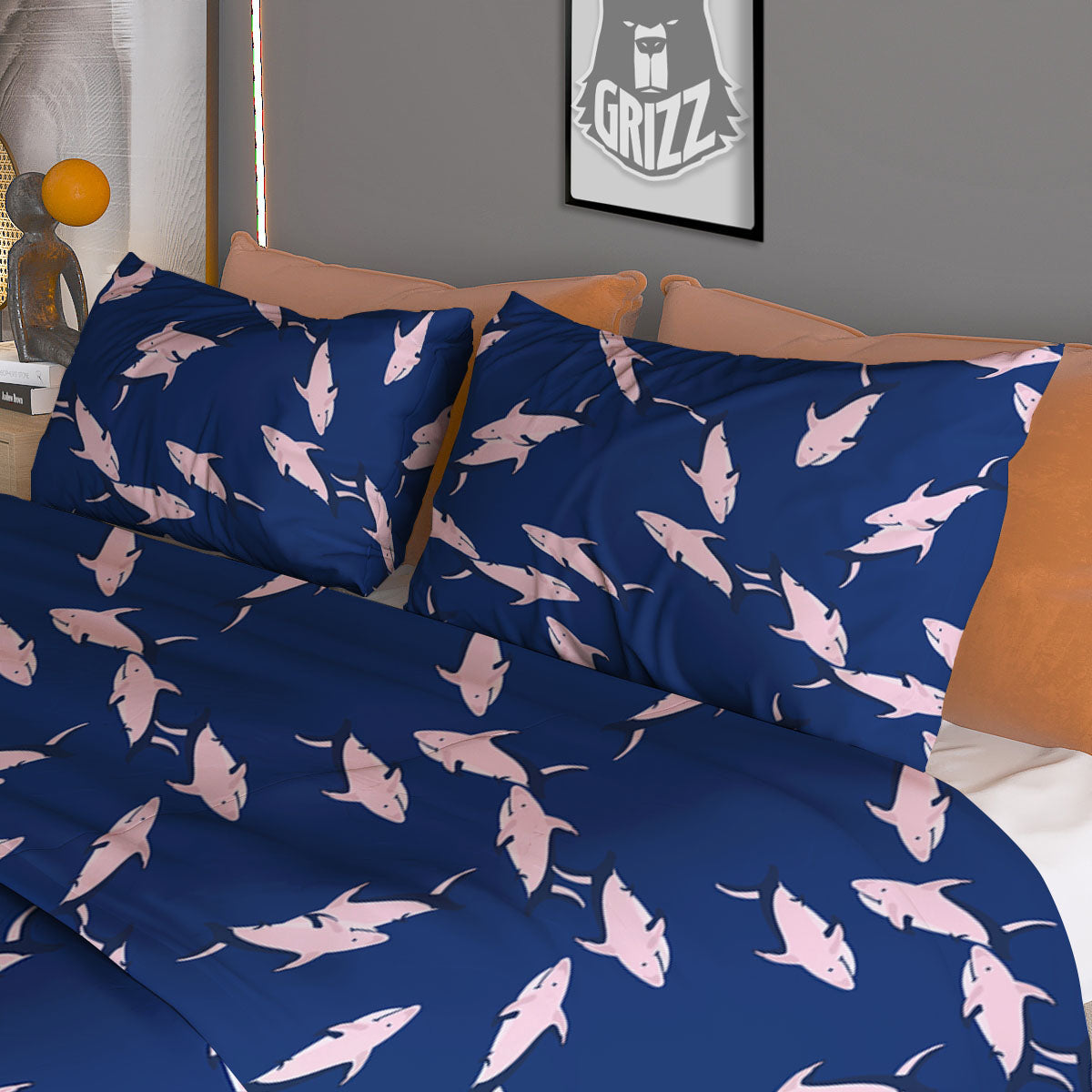 Shark Blue And Pink Print Pattern Duvet Cover Bedding Set