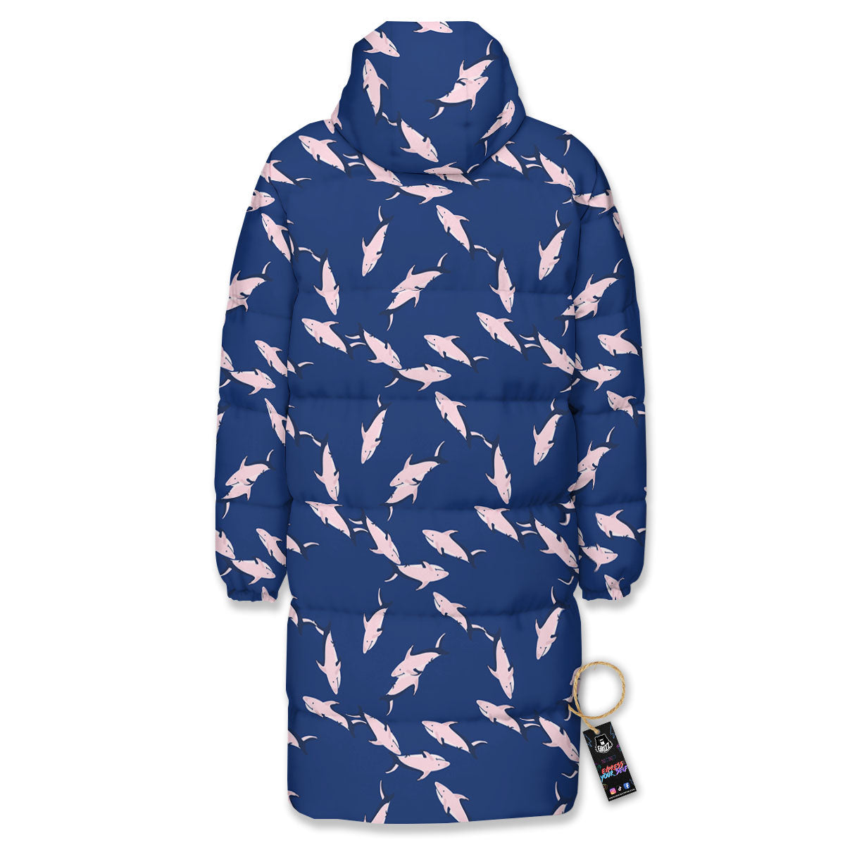 Shark Blue And Pink Print Pattern Long Down Jacket-grizzshop