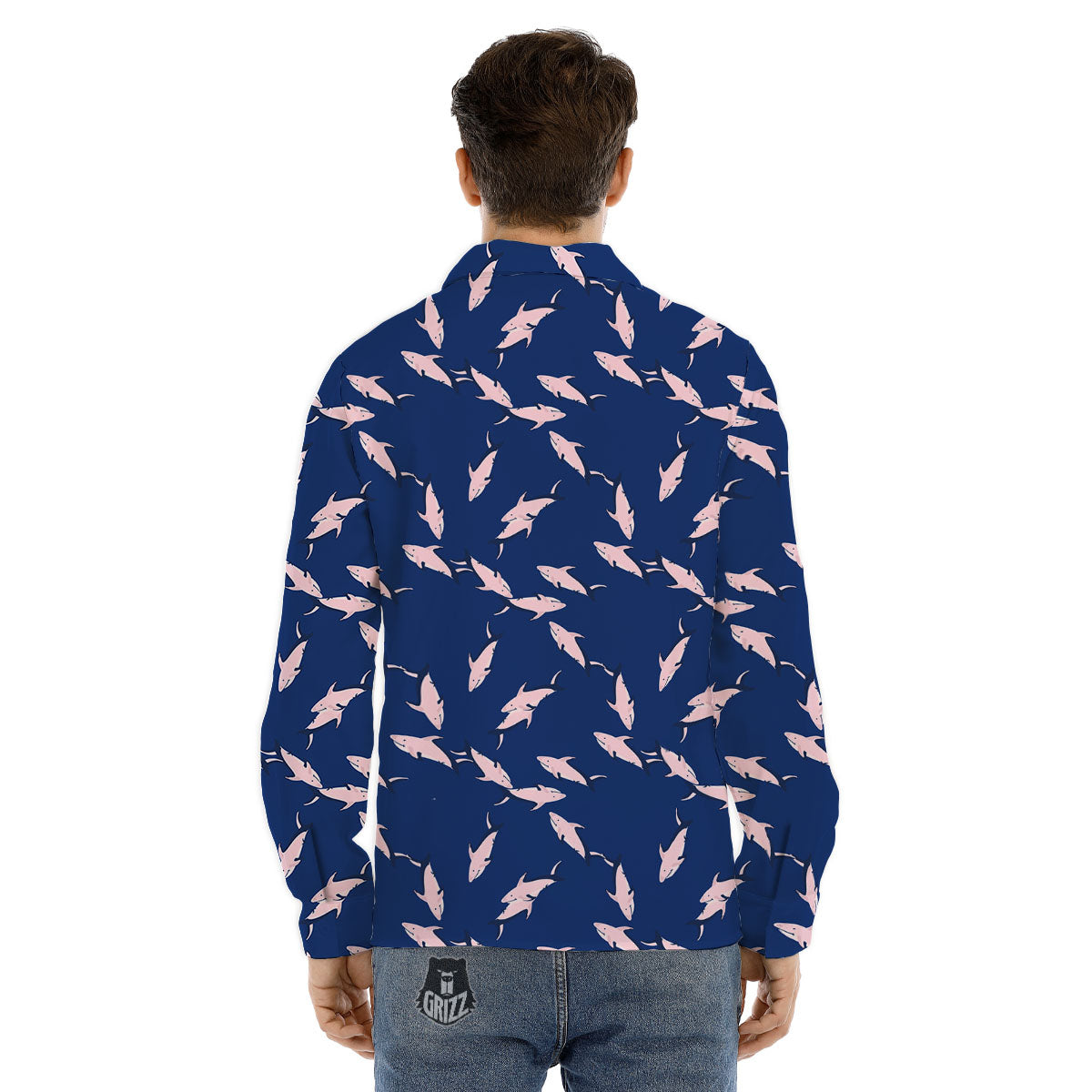 Shark Blue And Pink Print Pattern Men's Dress Shirts-grizzshop