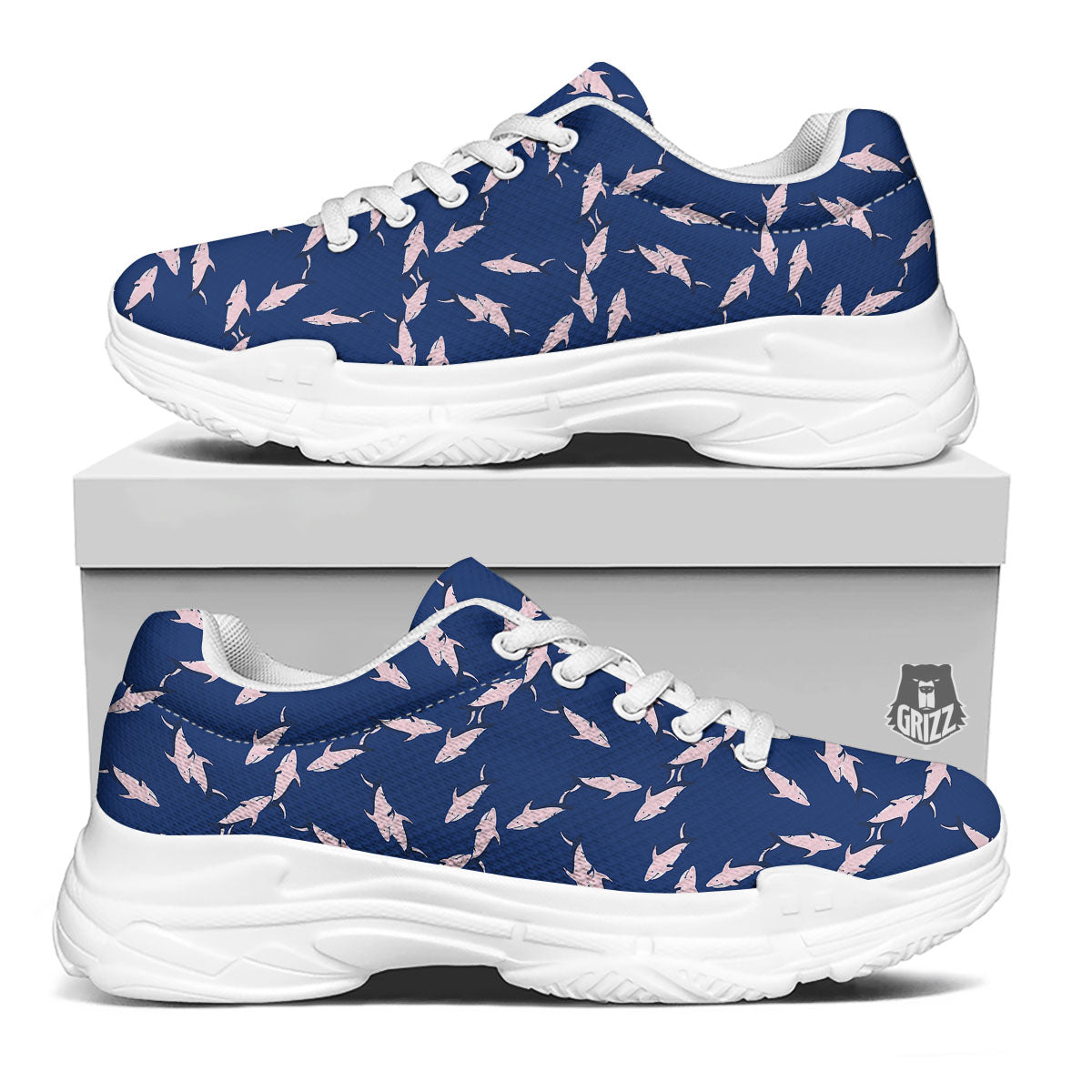 Shark Blue And Pink Print Pattern White Chunky Shoes-grizzshop