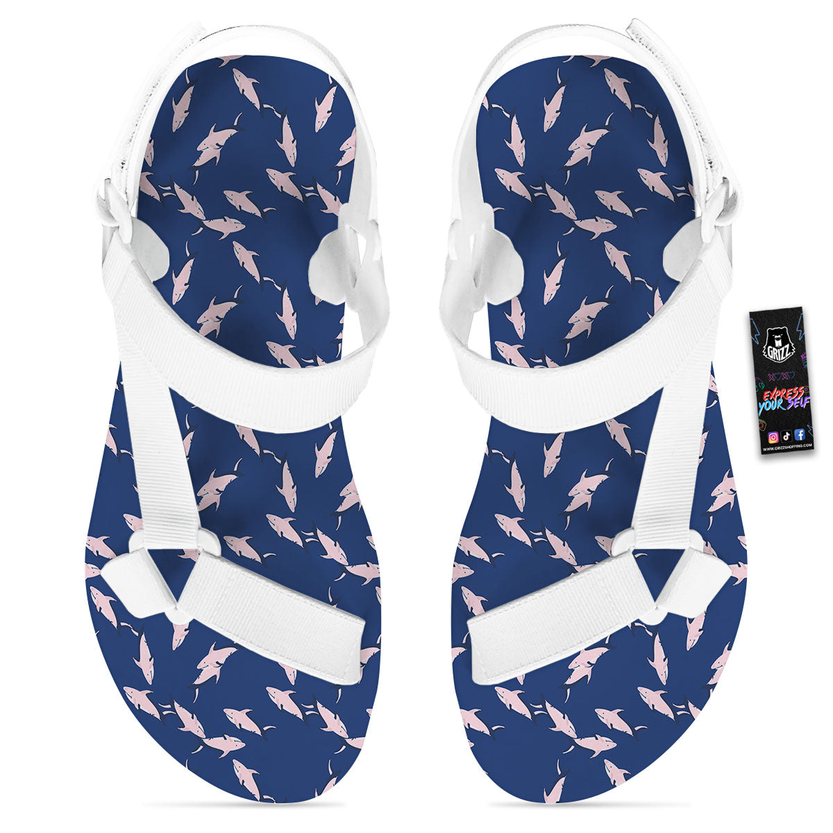 Shark Blue And Pink Print Pattern White Open Toe Sandals-grizzshop
