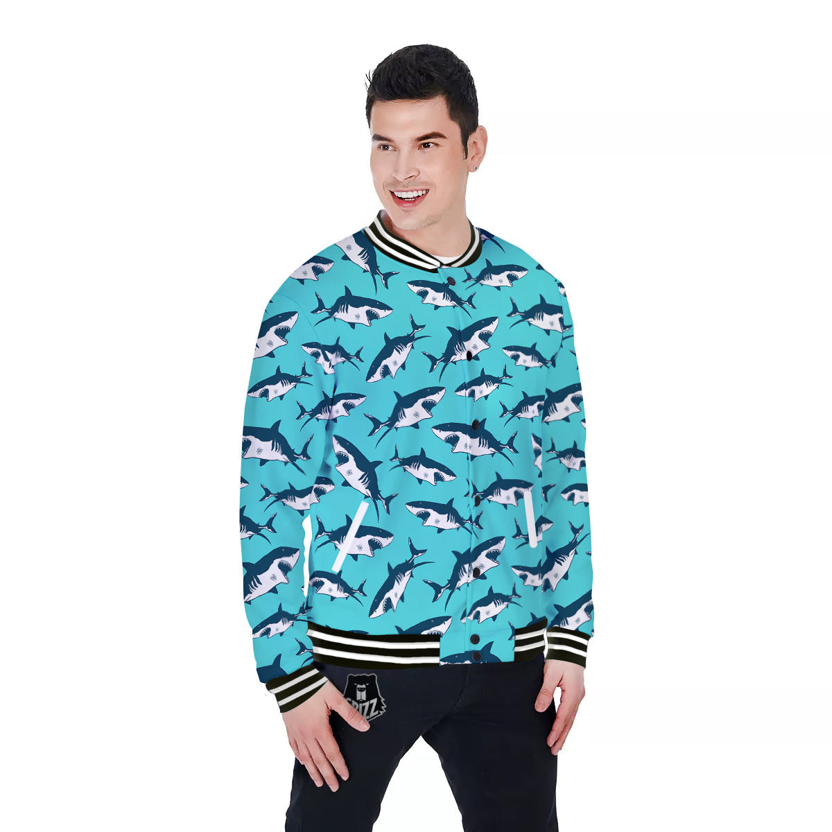 Shark Blue Print Pattern Baseball Jacket-grizzshop