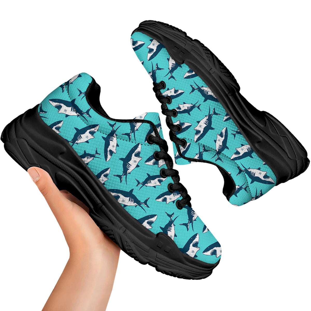 Shark Blue Print Pattern Black Chunky Shoes-grizzshop
