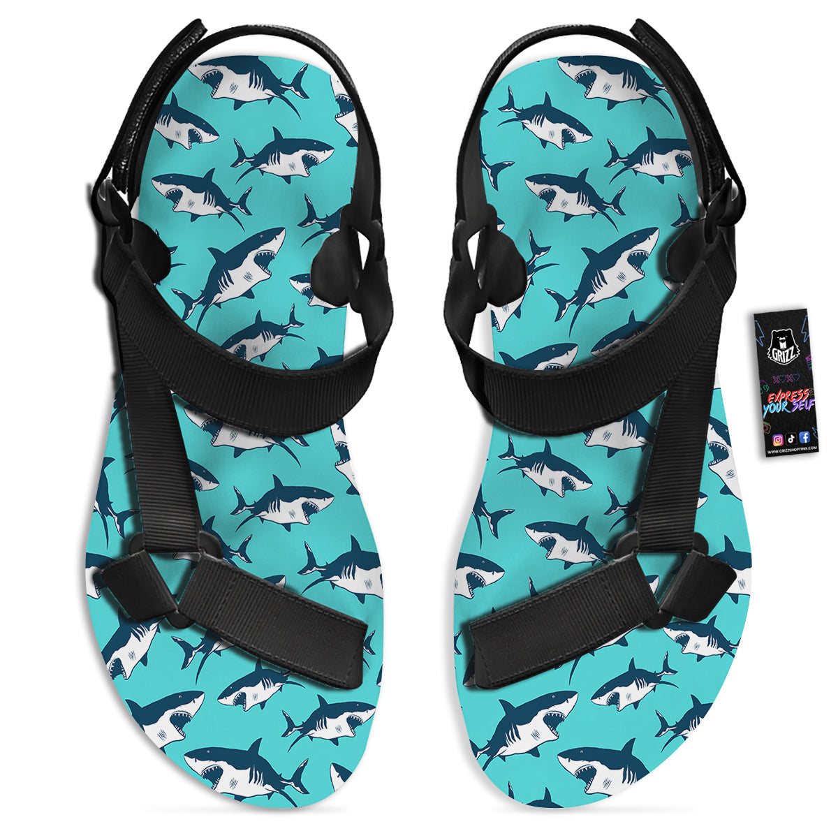 Shark Blue Print Pattern Black Open Toe Sandals-grizzshop
