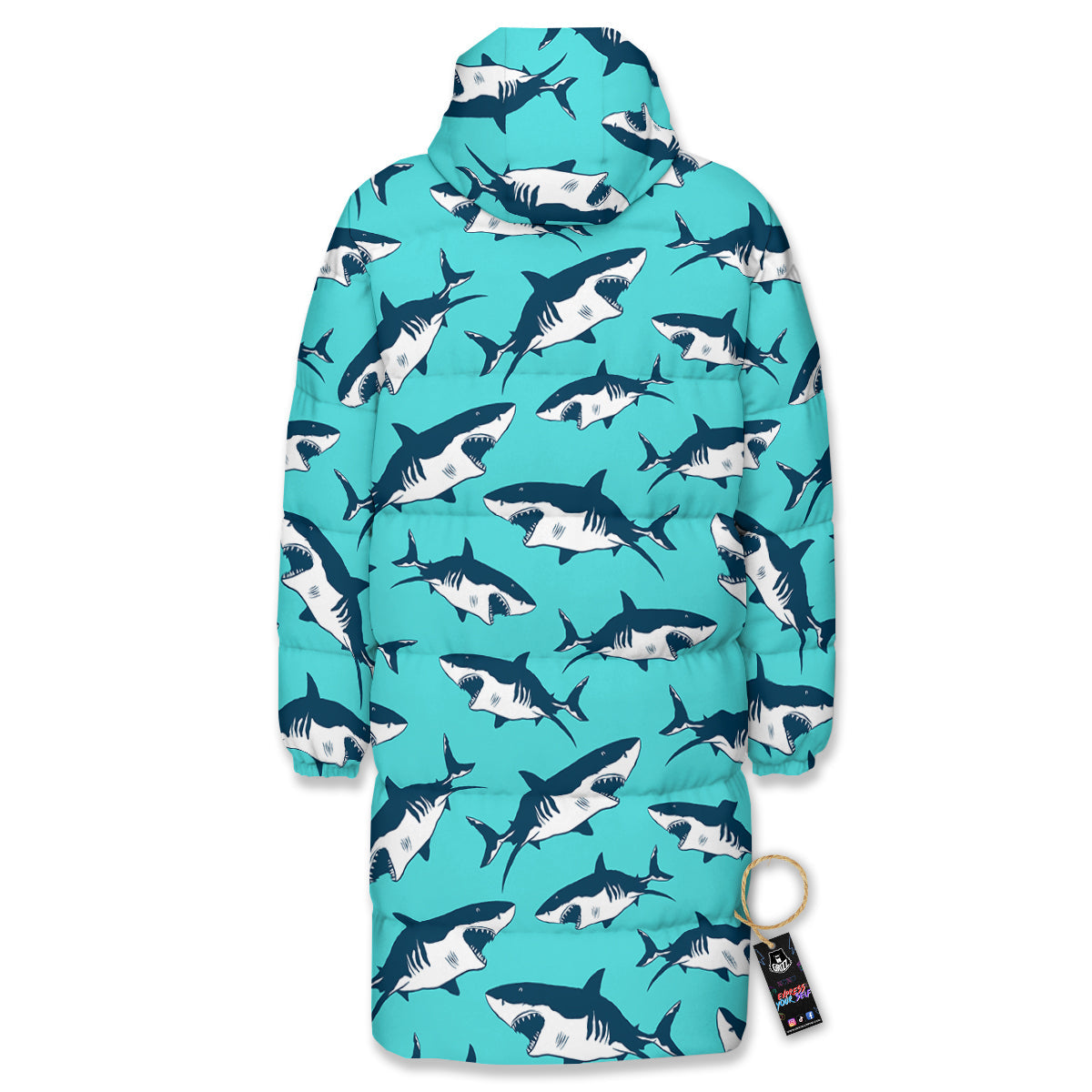 Shark Blue Print Pattern Long Down Jacket-grizzshop