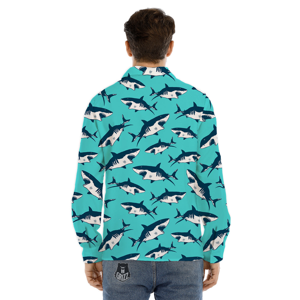 Shark Blue Print Pattern Men's Dress Shirts-grizzshop