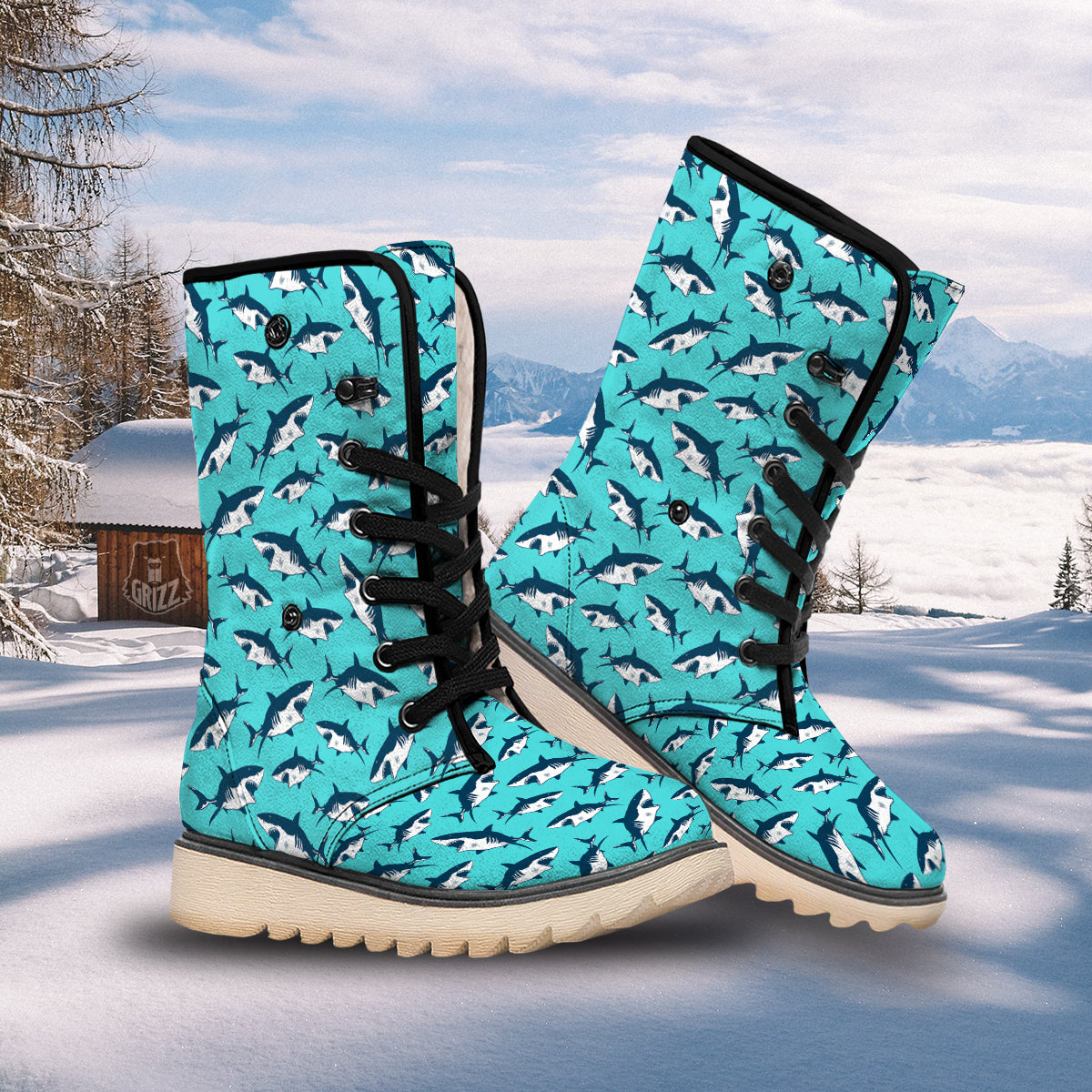 Shark Blue Print Pattern Snow Boots-grizzshop