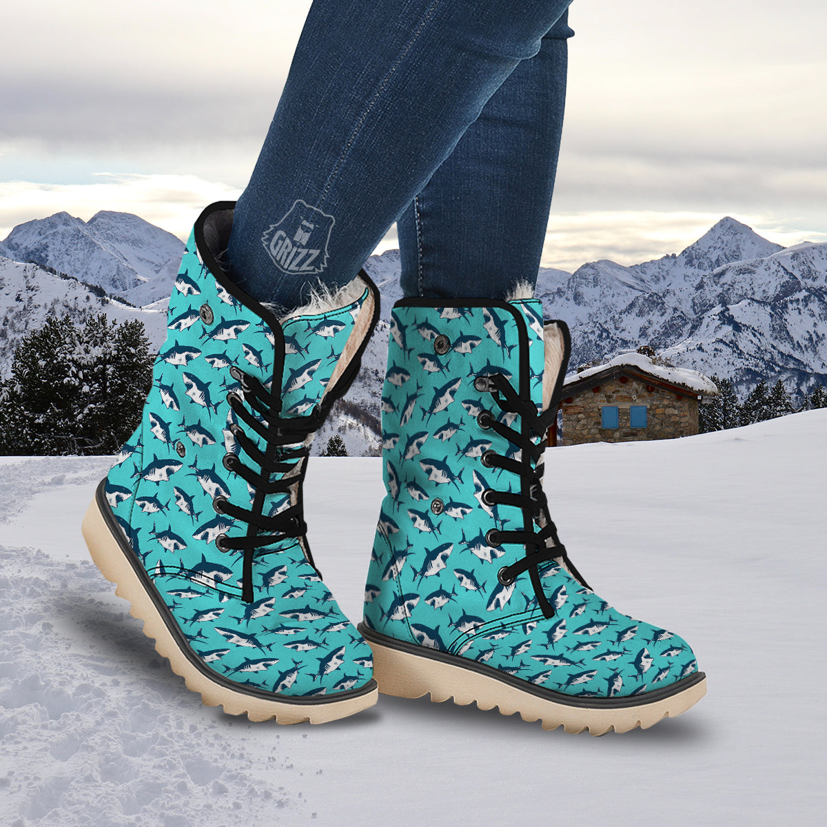 Shark Blue Print Pattern Snow Boots-grizzshop