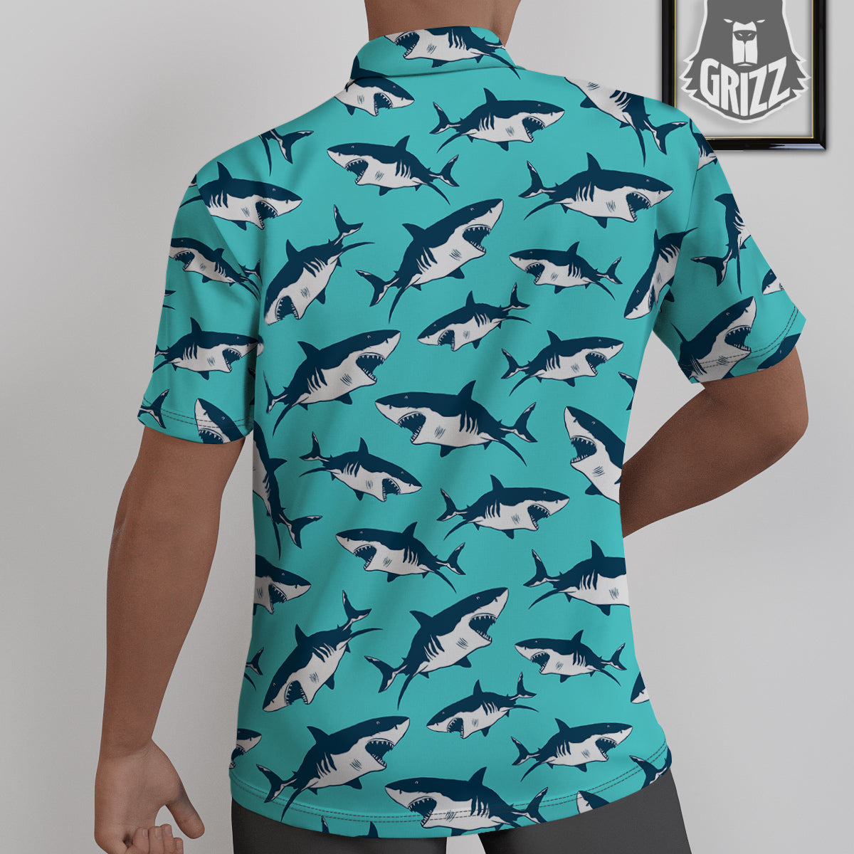 Shark Blue Print Pattern Untucked Shirts-grizzshop