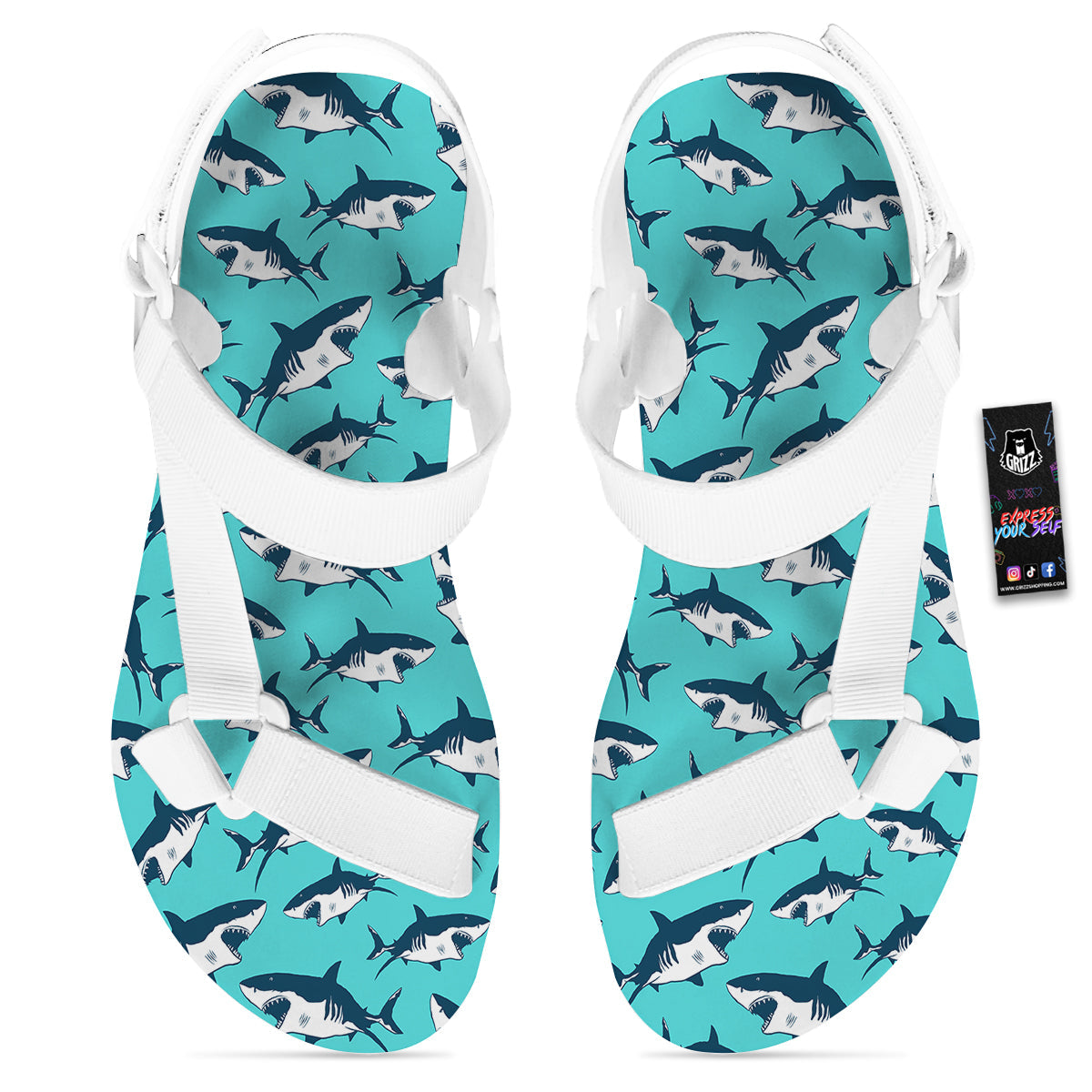 Shark Blue Print Pattern White Open Toe Sandals-grizzshop