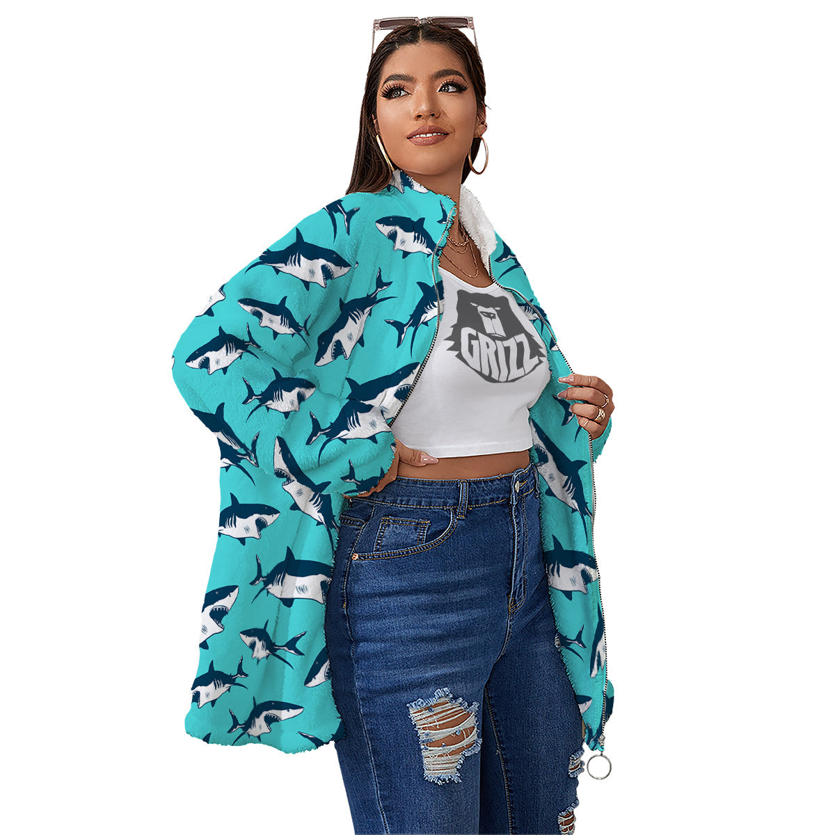 Shark Blue Print Pattern Women's Sherpa Jacket-grizzshop
