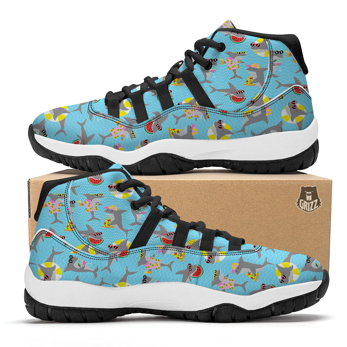 Shark Cartoon Print Pattern Black Bball Shoes-grizzshop