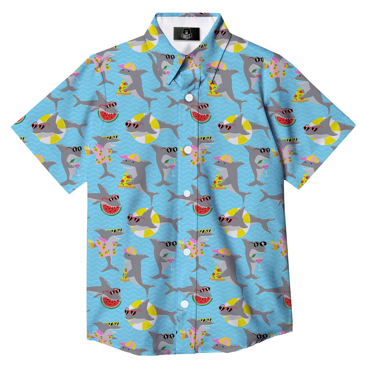 Shark Cartoon Print Pattern Button Up Shirt-grizzshop