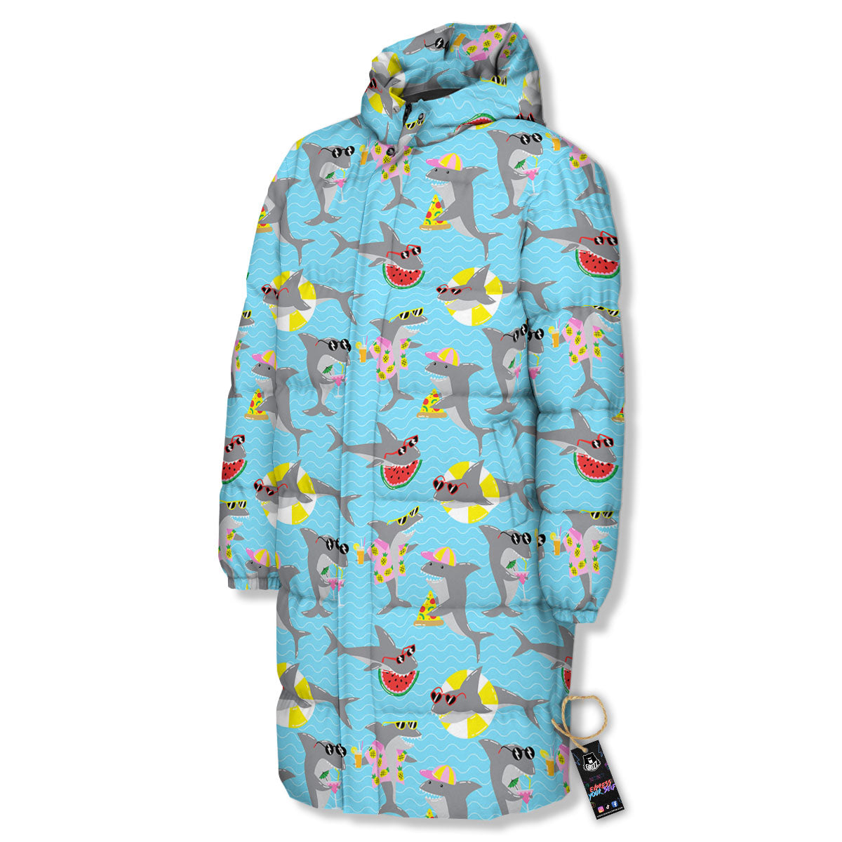 Shark Cartoon Print Pattern Long Down Jacket-grizzshop