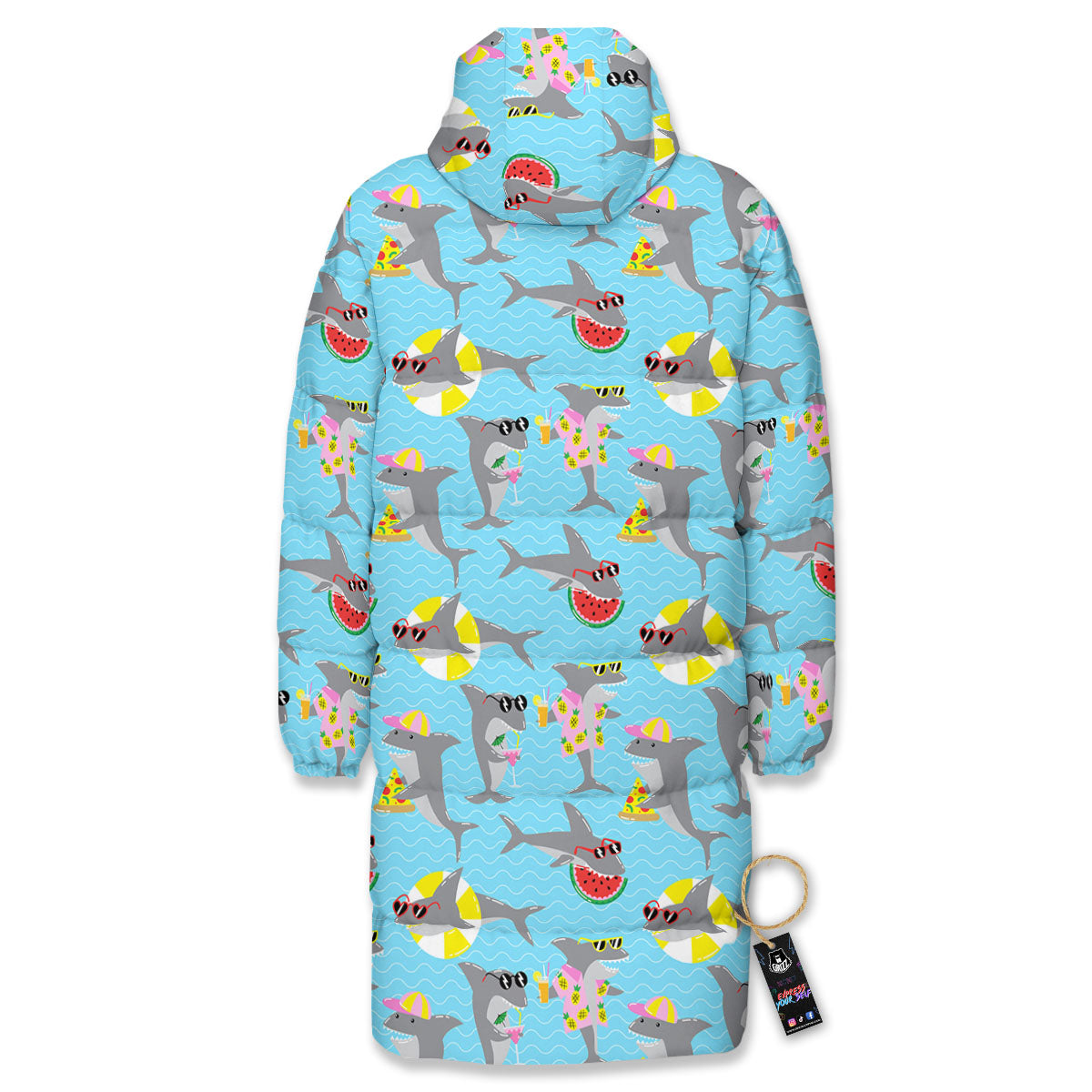 Shark Cartoon Print Pattern Long Down Jacket-grizzshop