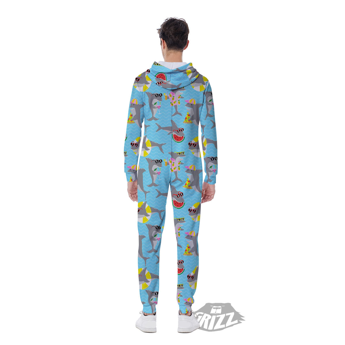 Shark Cartoon Print Pattern Men's Jumpsuit-grizzshop