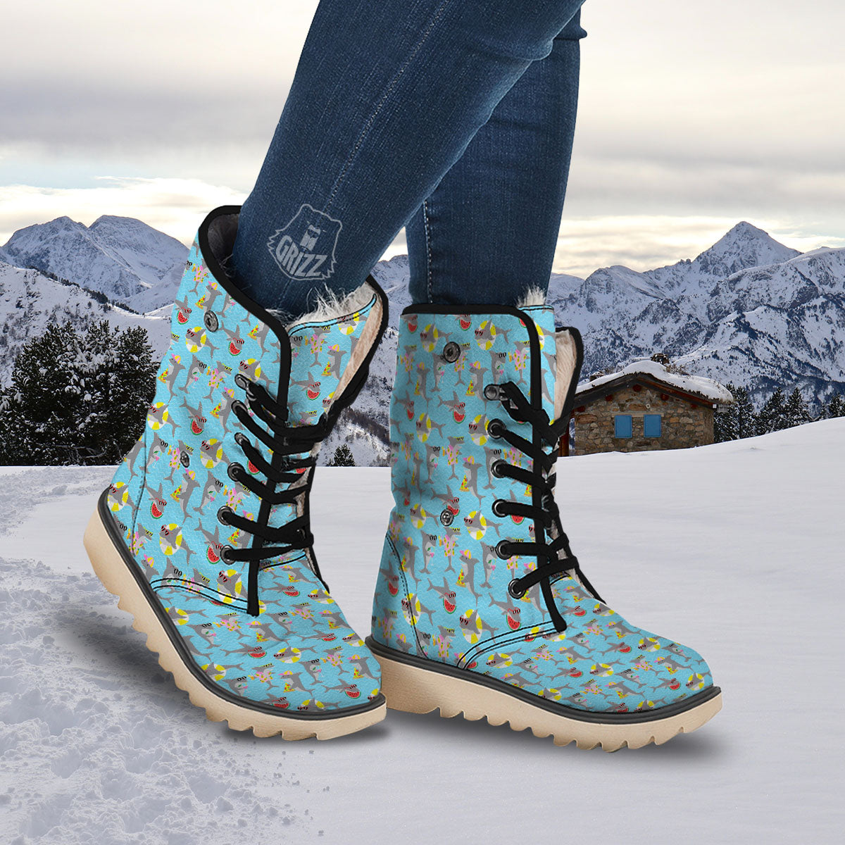 Shark Cartoon Print Pattern Snow Boots-grizzshop