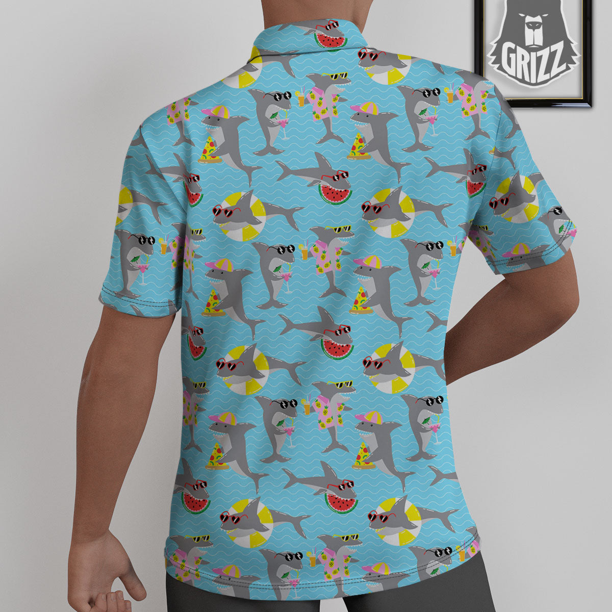 Shark Cartoon Print Pattern Untucked Shirts-grizzshop