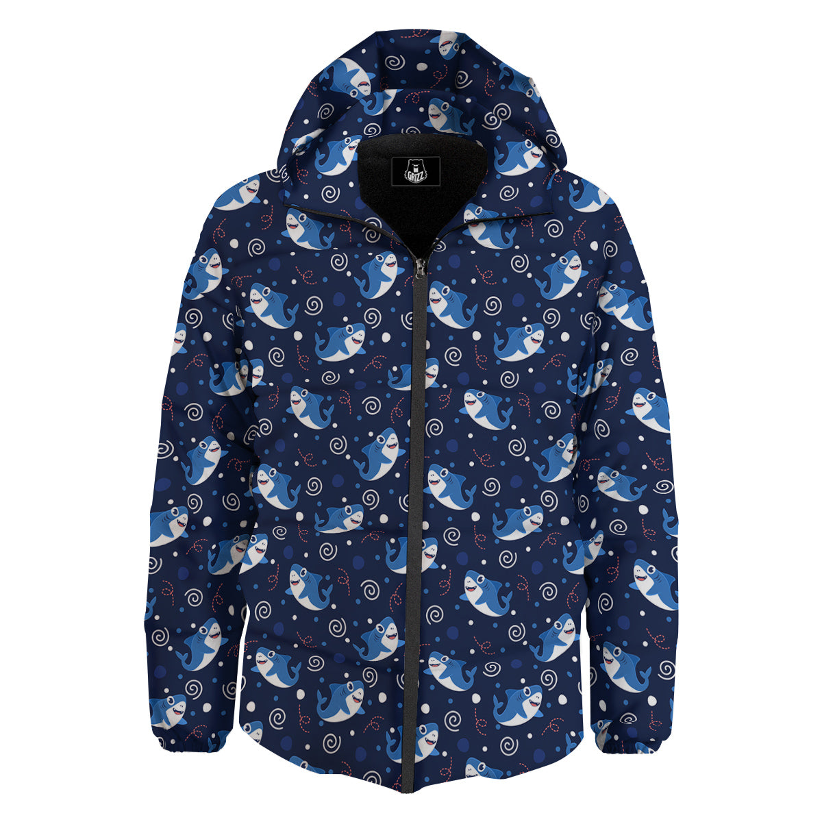 Shark Cute White Print Pattern Down Jacket-grizzshop
