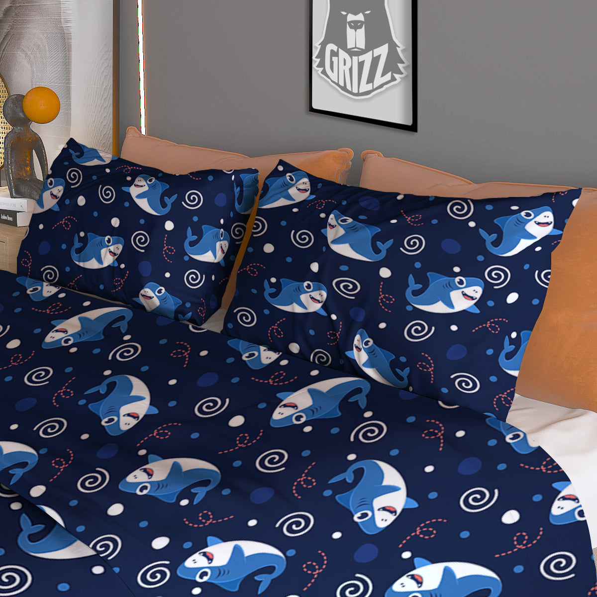Shark Cute White Print Pattern Duvet Cover Bedding Set