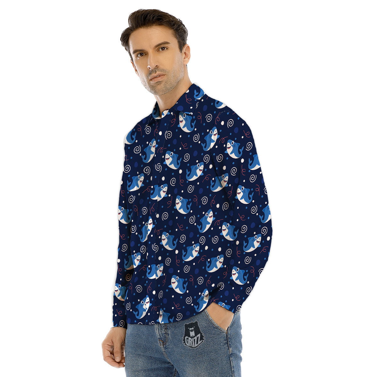 Shark Cute White Print Pattern Men's Dress Shirts-grizzshop