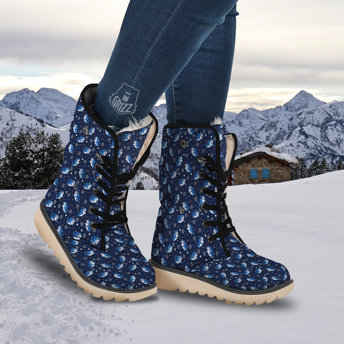 Shark Cute White Print Pattern Snow Boots-grizzshop