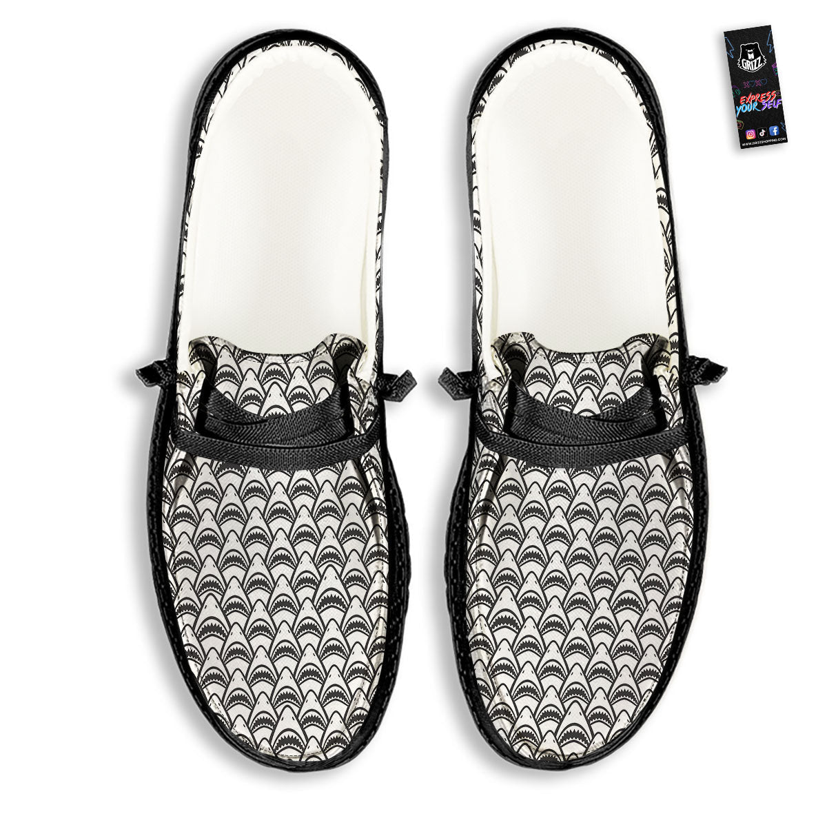 Shark Doodle Print Pattern Black Loafers-grizzshop