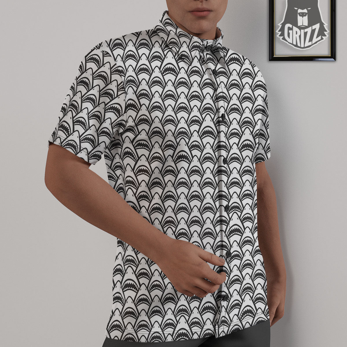 Shark Doodle Print Pattern Untucked Shirts-grizzshop