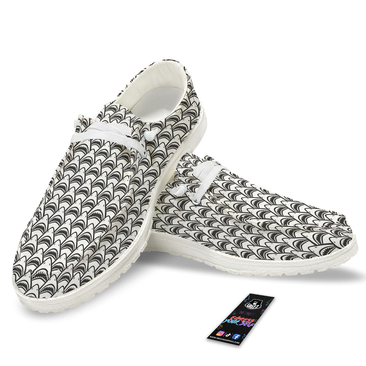Shark Doodle Print Pattern White Loafers-grizzshop