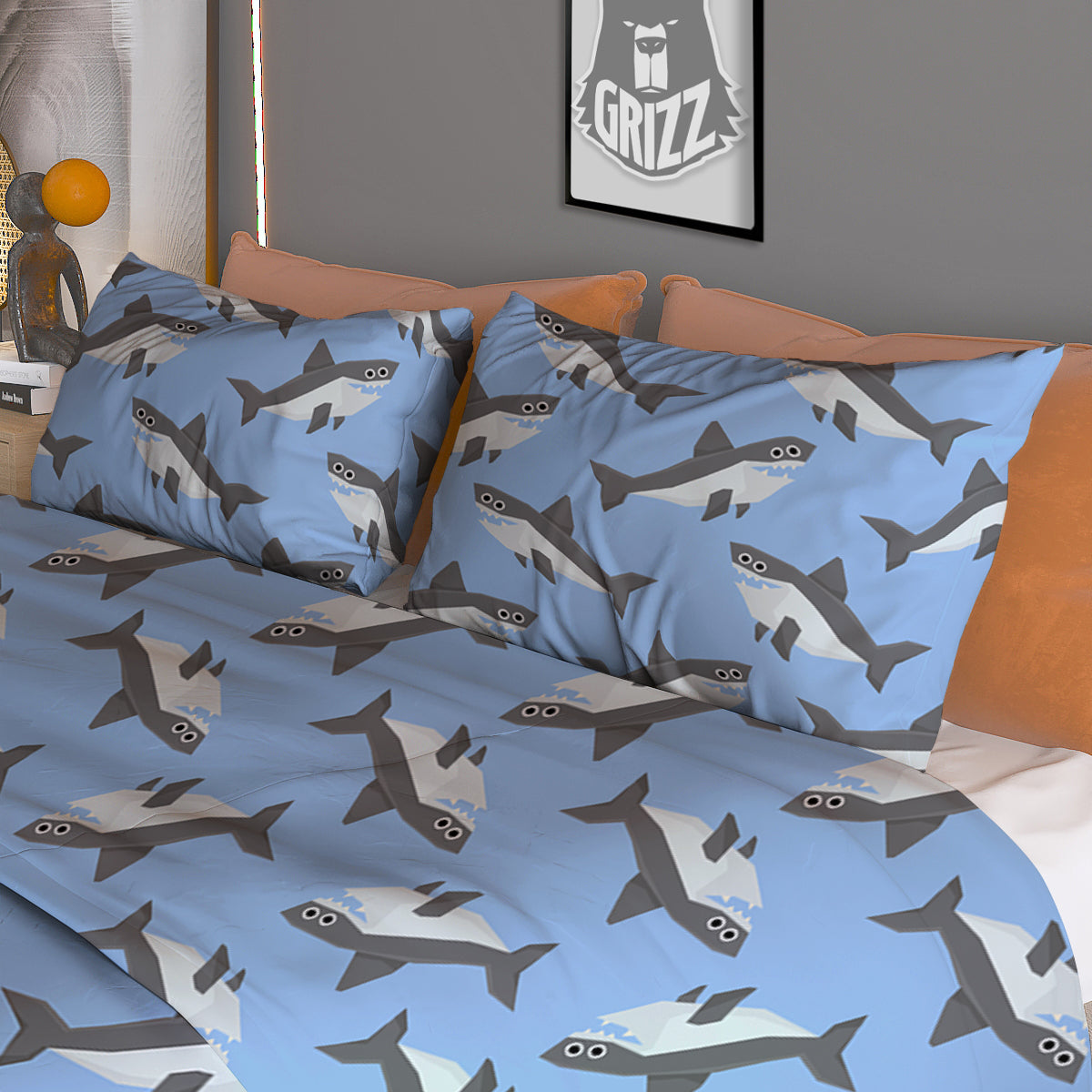 Shark Grey And White Print Pattern Duvet Cover Bedding Set