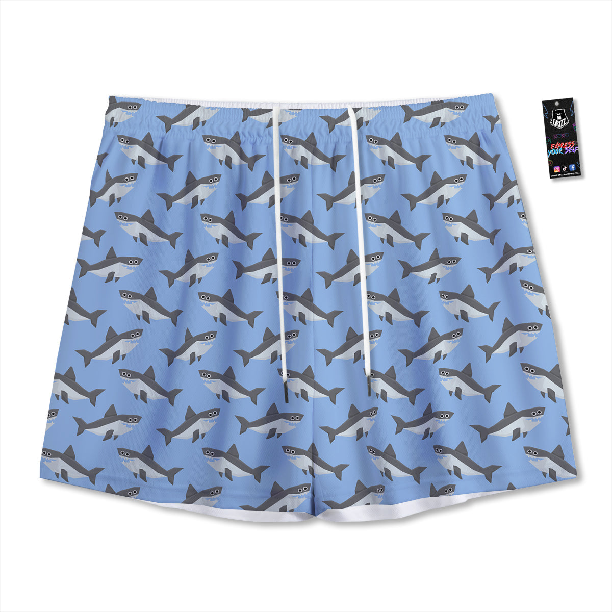 Shark Grey And White Print Pattern Mesh Shorts